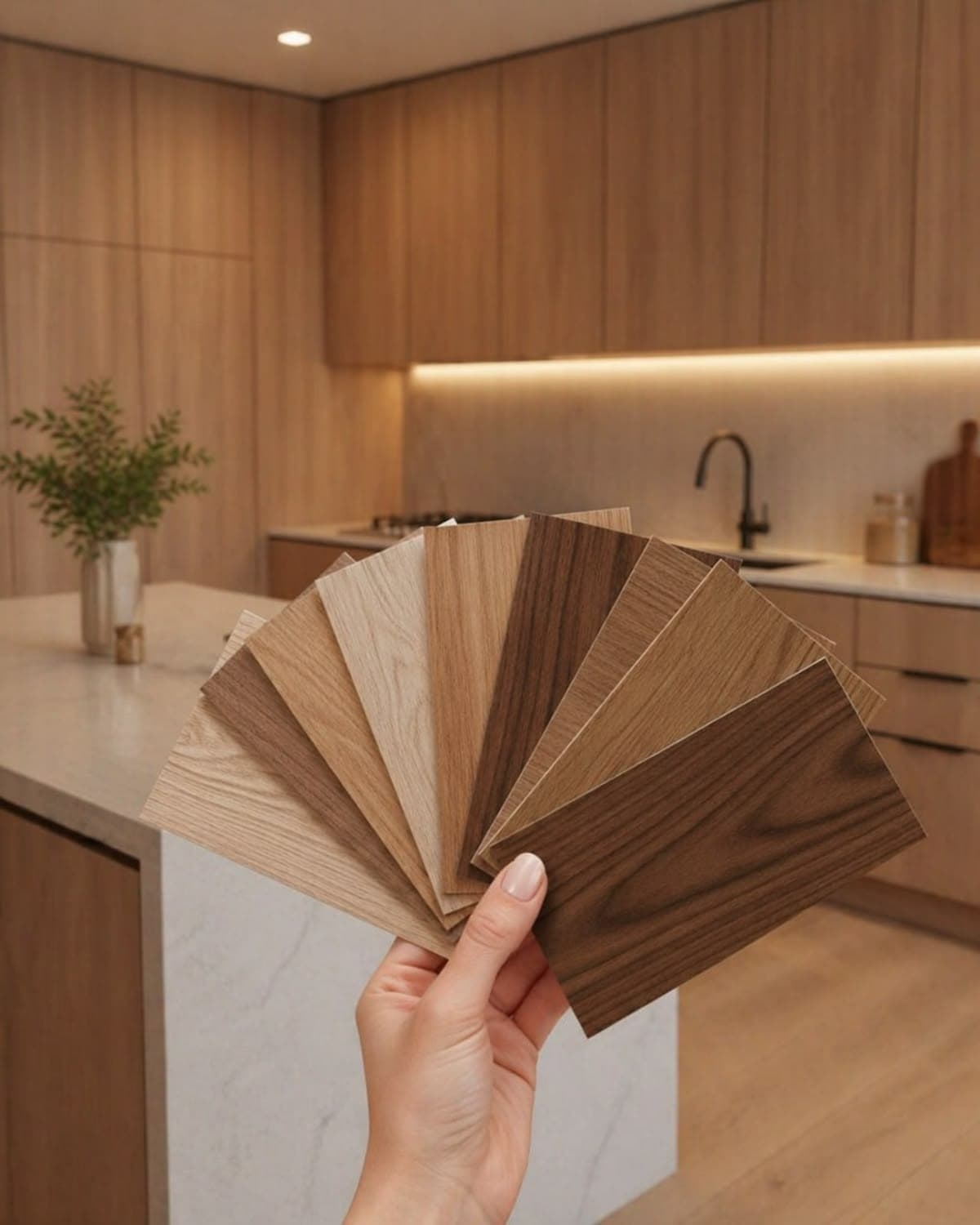 Hand holding a fan of laminate wood samples