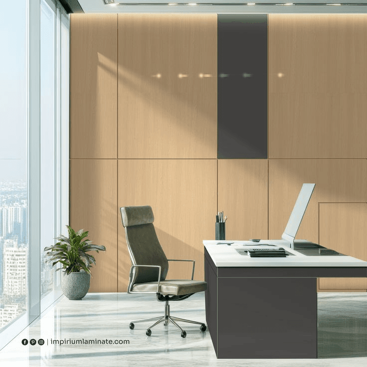 Modern office interior with wood laminate wall panels