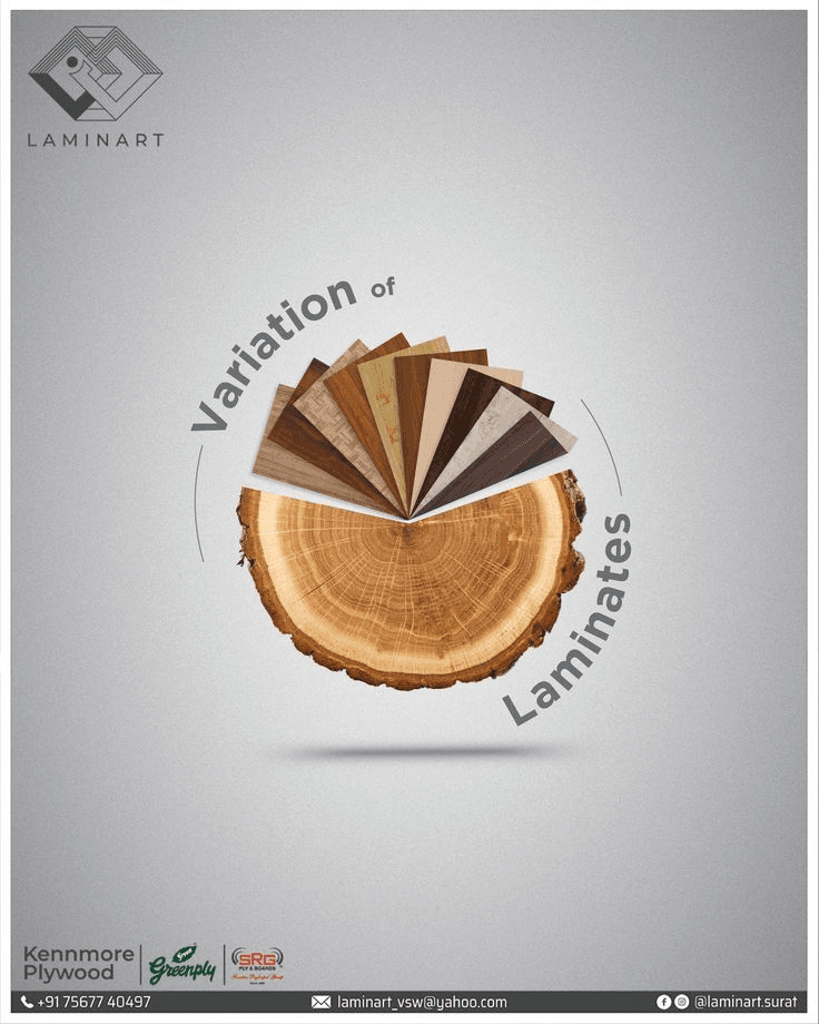 Laminate sample variations arranged around a wood cross-section