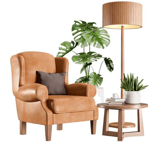Living room setting with laminate surfaces